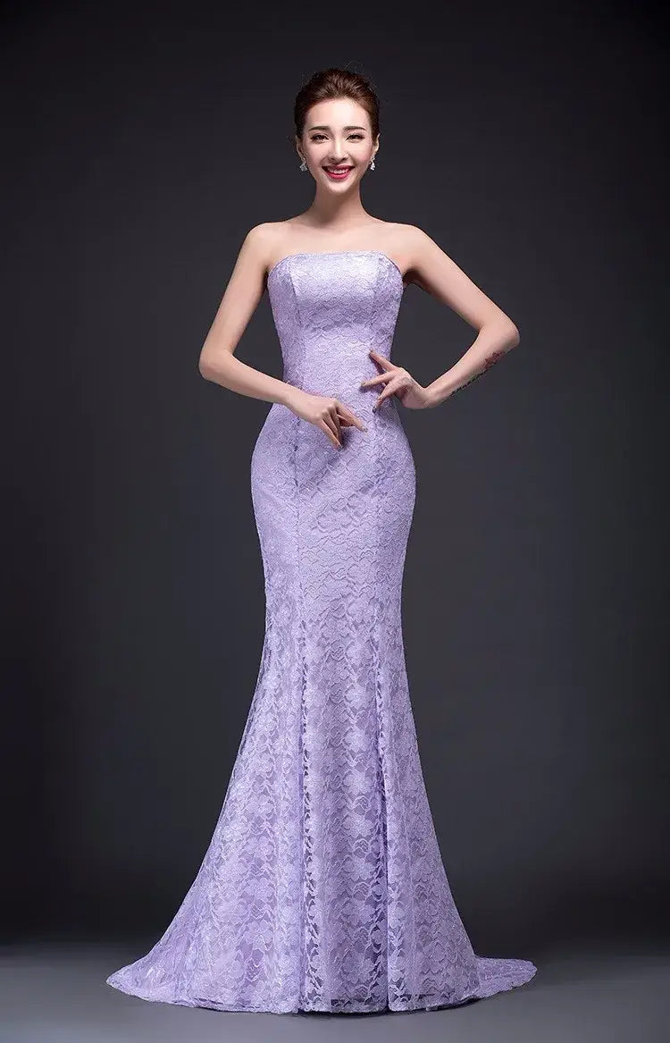A lavender lace mermaid-style long dress with a strapless fitted bodice, perfect as a wedding dress or long dress fuchsia option.