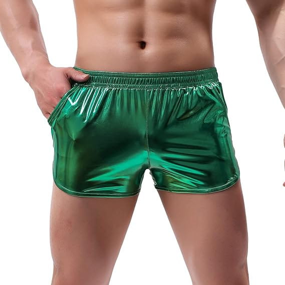 Shiny emerald green metallic mens loose casual shorts with an elastic waistband perfect for casual trendy wear.