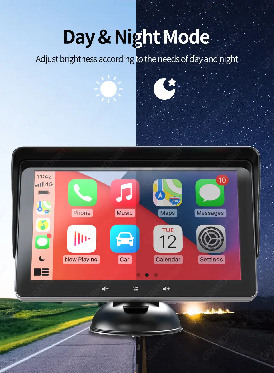 black-framed 7 inch wireless carplay display with a glossy touchscreen showing colorful app icons designed for use with a cigarette lighter in vehicles.
