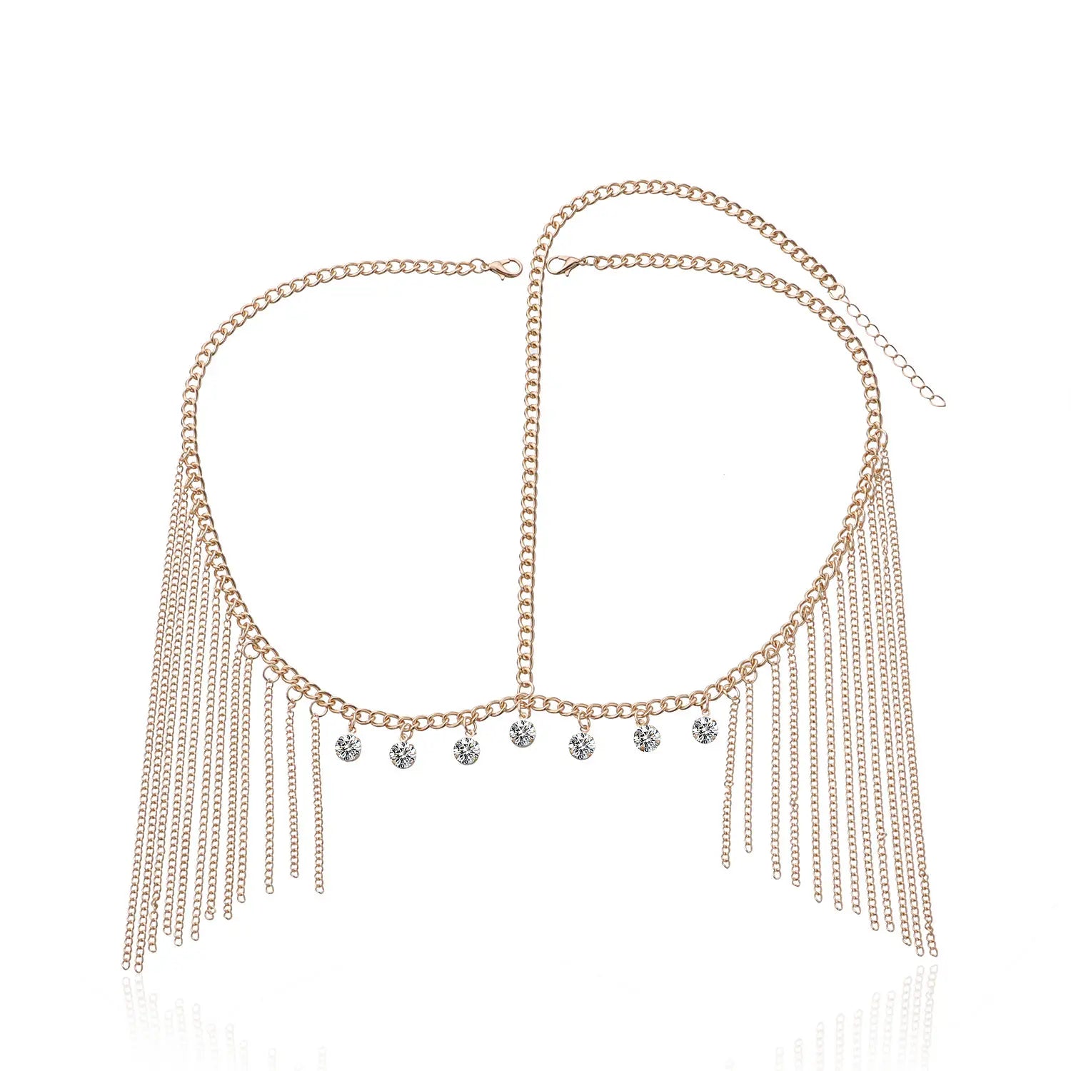 Gold-toned long tassel head chain hair accessory for females adorned with dangling chains and clear crystal-like beads.