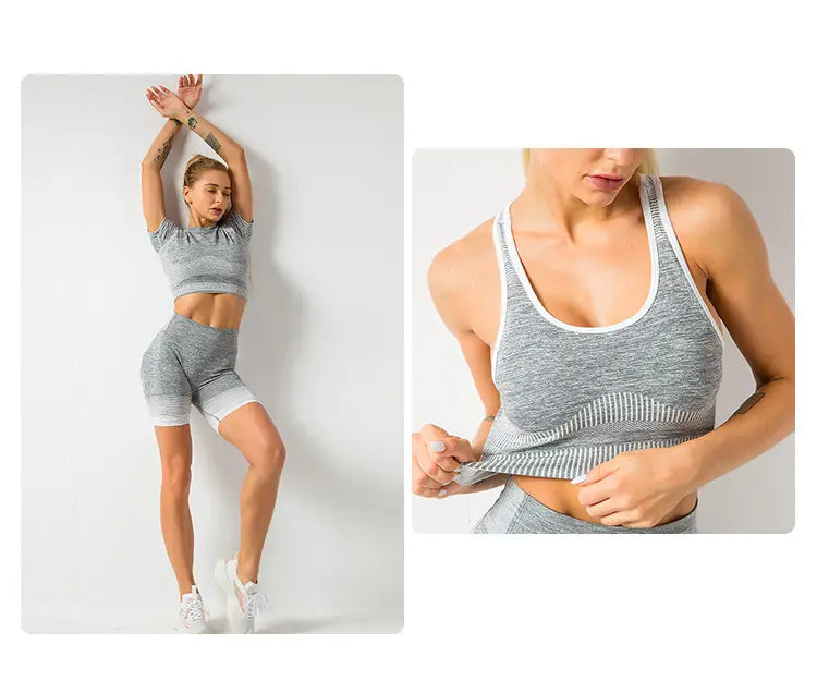 Gray heathered seamless yoga sports bra with white trim and subtle striped texture designed for hip lifting in women’s seamless yoga workout set.