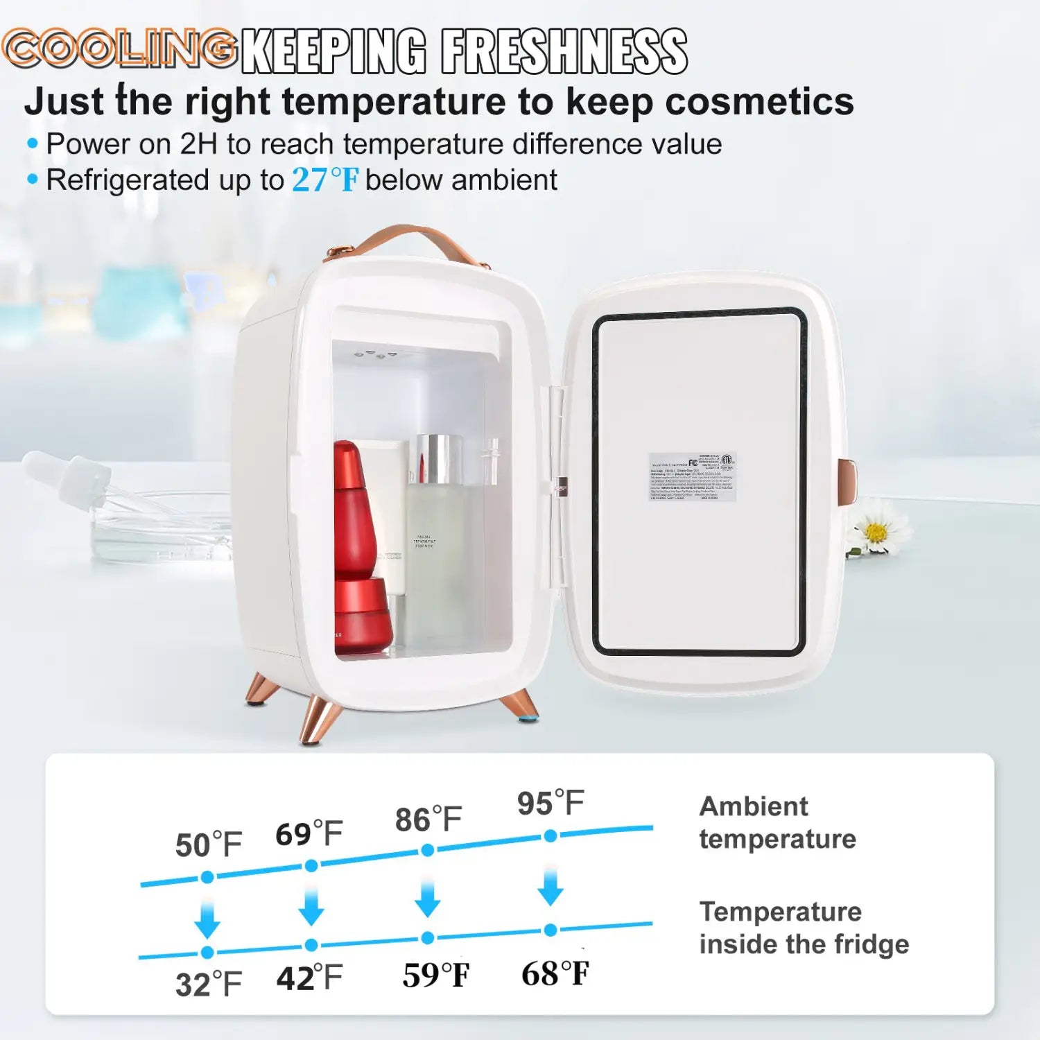 White luxury skin care 6L mini fridge with copper-colored feet and handle designed for cooling cosmetics, featuring a mirror and ideal for use as a vevor mini fridge or skin care fridge.