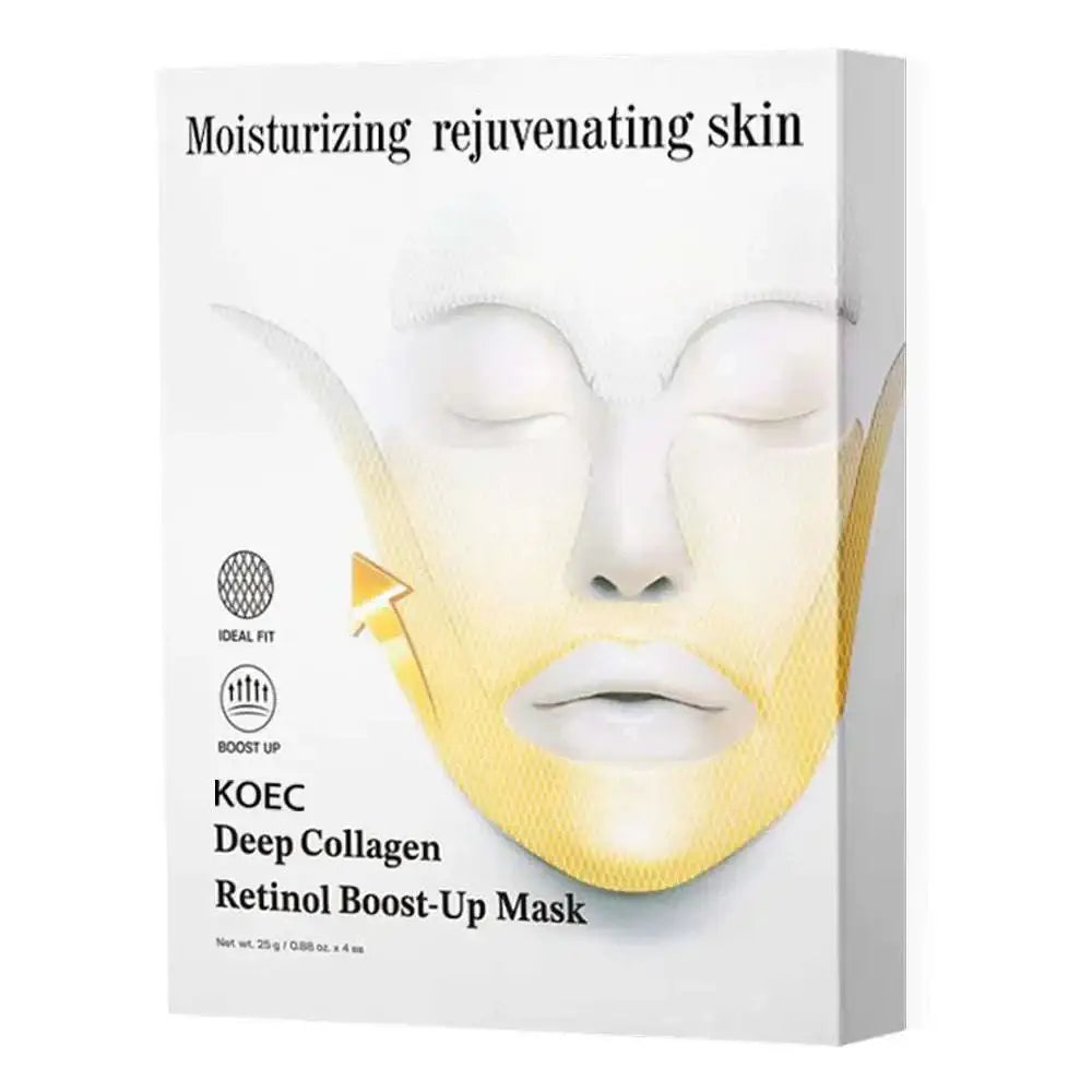 The eelhoe deep collagen lifting face mask features a translucent yellow sheet mask in minimalist white packaging to improve skin