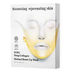 White box packaging for koec deep collagen lifting face mask with golden face mask illustration to improve skin elasticity
