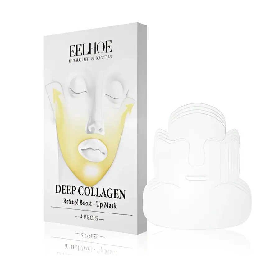 The eelhoe deep collagen lifting face mask features a translucent yellow sheet and sleek white packaging to improve skin