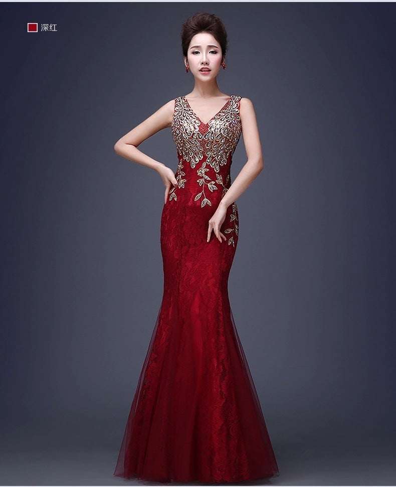 deep red mermaid-style evening gown with intricate gold embroidery along the v-neckline and sides featured in fashionable ways to style striped knit bodycon and palazzo pants article.