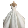 A white lace wedding dress with a deep v-neck lace fitted bodice and floral embroidery for a romantic aura