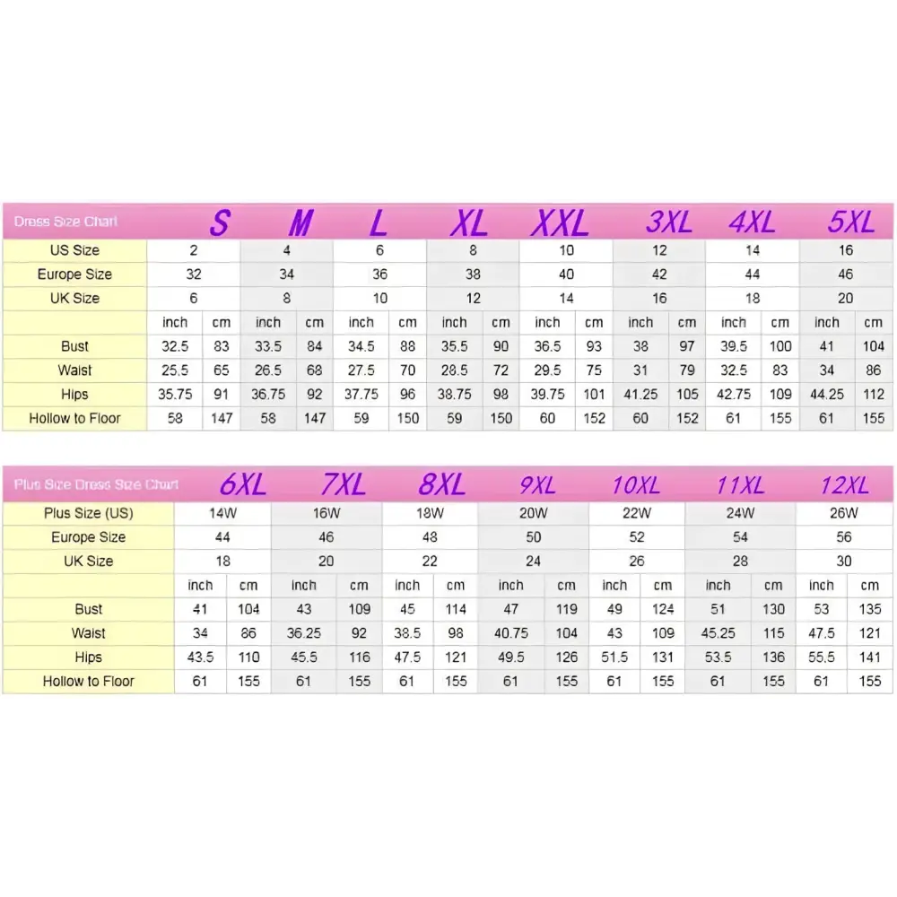 Pink and white size chart with detailed measurements for deep v-neck lace wedding dress romantic aura