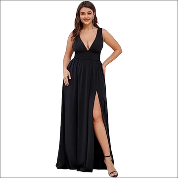 Black satin swing dress with deep v-neck sleeveless design and high slit in elegant maxi style
