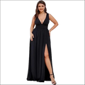 Black satin swing dress with deep v-neck sleeveless design and high slit perfect for elegant occasions