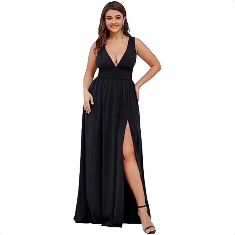 Black satin swing dress with deep v-neck sleeveless design and high slit for elegant evening wear