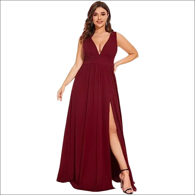 A flowing maroon chiffon deep v-neck sleeveless swing dress with a high slit and elegant maxi silhouette