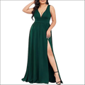 Emerald green flowing maxi swing dress with deep v-neck sleeveless design and high slit for elegant occasions