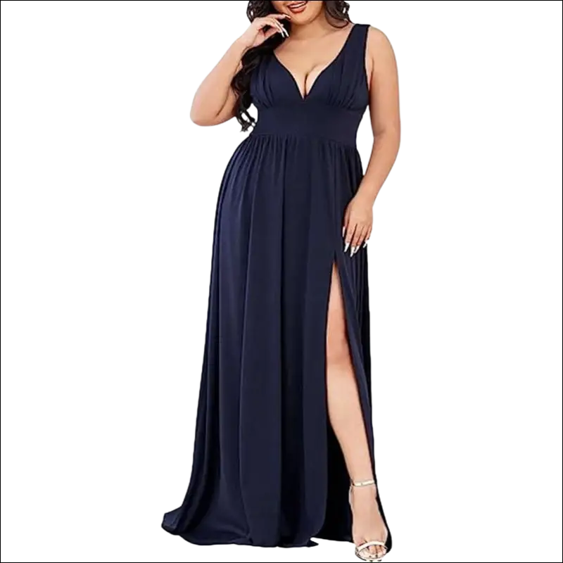 Navy blue deep v-neck sleeveless maxi swing dress with high side slit for elegant occasions