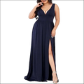 Navy blue deep v-neck sleeveless maxi swing dress with a high side slit perfect for elegant occasions