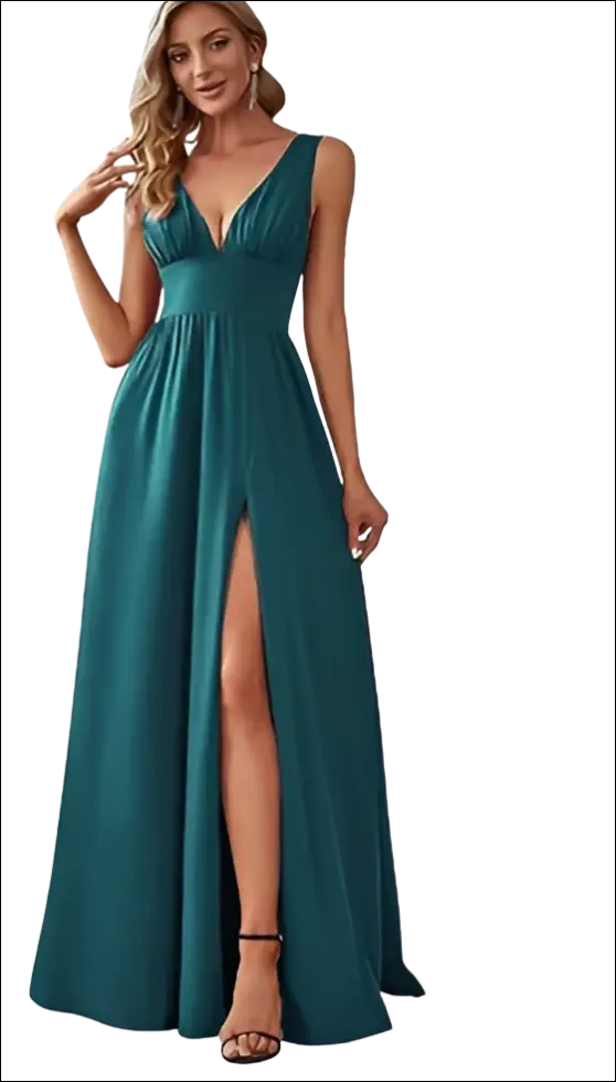 Emerald green satin maxi swing dress with deep v-neck sleeveless design and high slit for elegant occasions