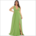 A flowing vibrant green swing dress with a deep v-neck sleeveless design and a high slit floor-length gown