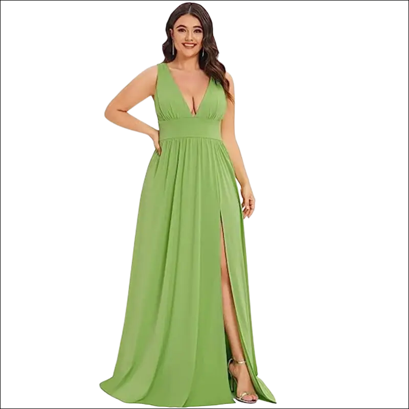 A flowing vibrant green swing dress with a deep v-neck sleeveless design and a high slit floor-length gown