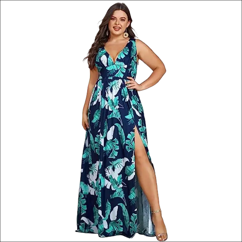 Navy blue swing dress with vibrant teal and white tropical leaf print deep v-neck sleeveless with side slit and adjustable waistband