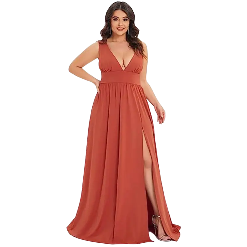A rust-colored chiffon swing dress with a deep v-neck sleeveless design and a high slit in burgundy tone