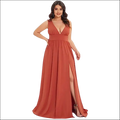 A flowing rust-colored chiffon deep v-neck sleeveless swing dress with a high slit for elegant occasions