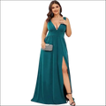 Teal satin swing dress with deep v-neck sleeveless design and high slit featuring v-neck sleeveless large style