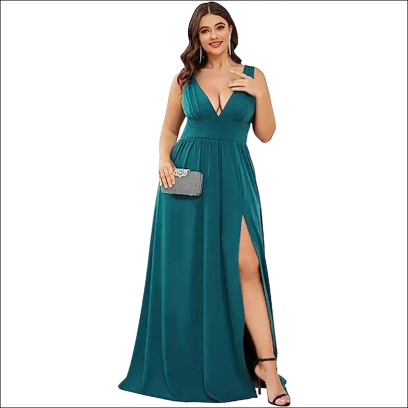 Teal satin swing dress with deep v-neck sleeveless design and high slit featuring v-neck sleeveless large style