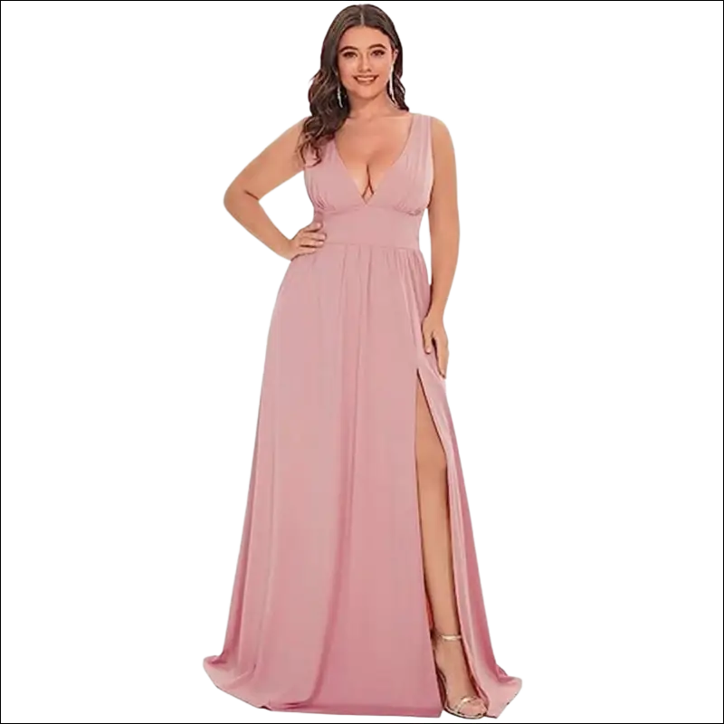 A flowing dusty pink chiffon deep v-neck sleeveless swing dress with a high side slit ideal for formal occasions