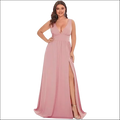 A flowing dusty pink chiffon deep v-neck sleeveless swing dress with a high side slit perfect for formal events