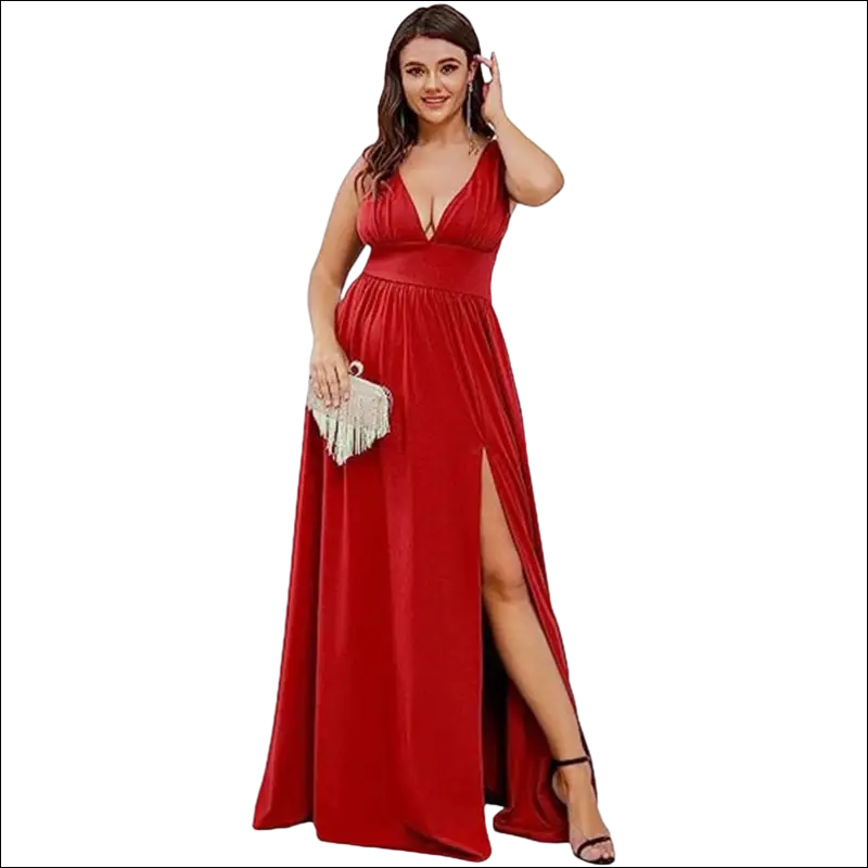 A flowing red satin deep v-neck sleeveless swing dress with a high slit perfect for elegant occasions