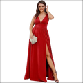 A flowing red satin swing dress with a deep v-neck sleeveless design and high slit for elegant evening wear