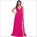 A vibrant fuchsia deep v-neck sleeveless swing dress with fitted waistband and high slit for elegant occasions