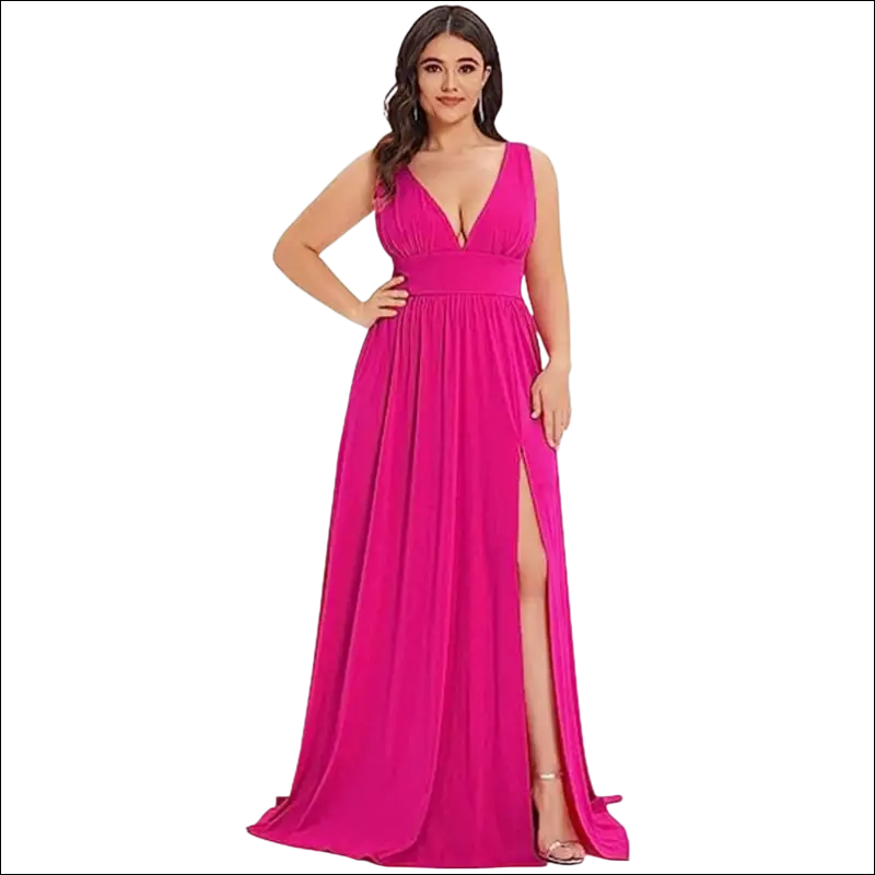 A vibrant fuchsia deep v-neck sleeveless swing dress with fitted waistband and high slit floor-length gown