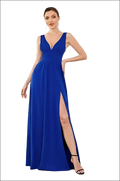 A flowing royal blue satin deep v-neck sleeveless swing dress with a high slit and elegant silhouette