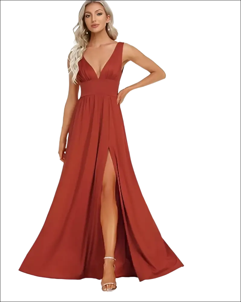 A rust-colored satin deep v-neck sleeveless swing dress with a high slit perfect for evening wear