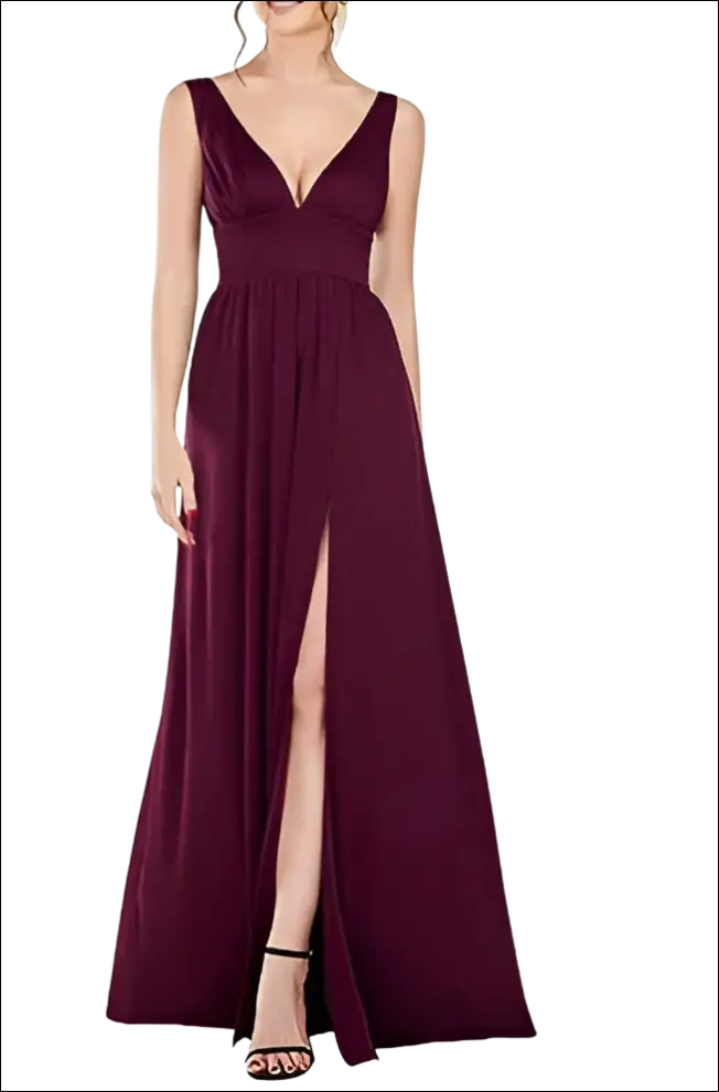 A flowing burgundy satin deep v-neck sleeveless swing dress with a high slit perfect for elegant occasions