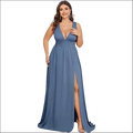 A flowing blue satin deep v-neck sleeveless swing dress with a high slit perfect for elegant evenings