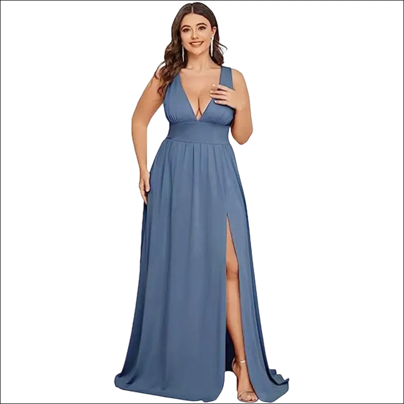 A flowing blue satin swing dress with a deep v-neck sleeveless design and a high slit for elegant occasions