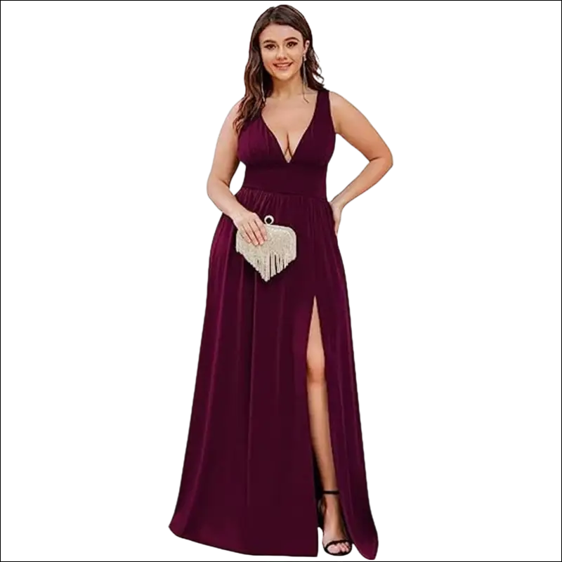 A deep v-neck sleeveless burgundy satin swing dress with a plunging neckline and high slit evening gown