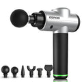 Silver and black espan deep vibration shock massage gun with green accent ring and interchangeable massage heads