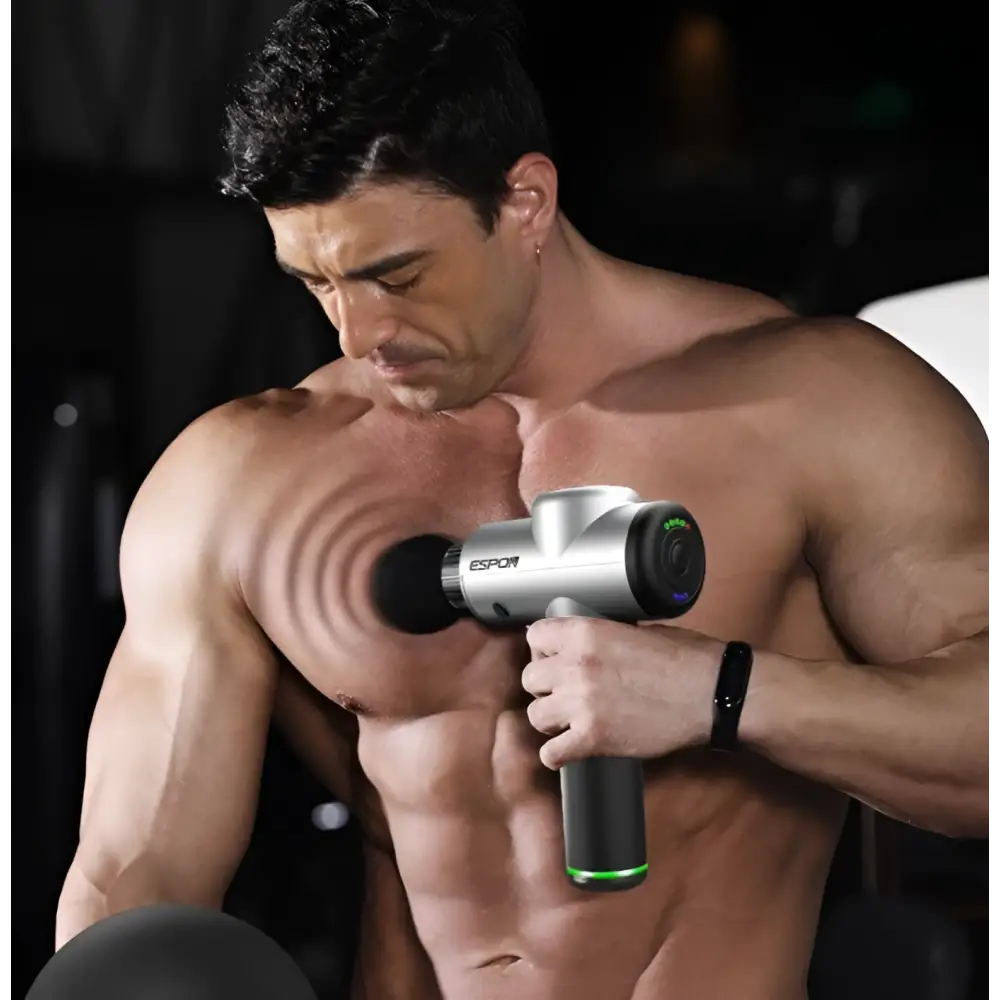 Silver and black epson deep vibration shock massage gun with multi-block adjustment and interchangeable massage heads