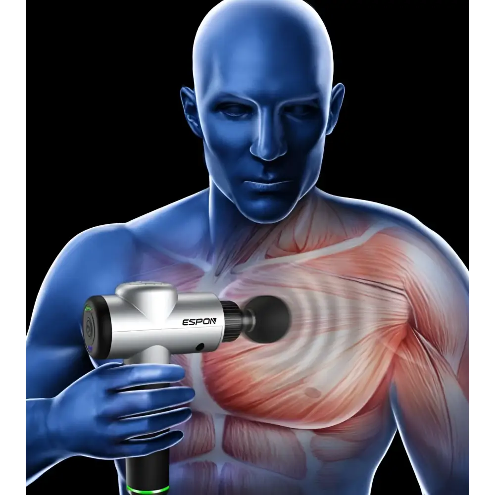 Silver and black epson deep vibration shock massage gun with textured grip and interchangeable massage heads for multi-block adjustment