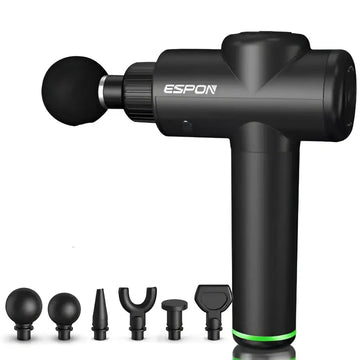 Black deep vibration shock massage gun with green accent ring and interchangeable massage heads for multi-block adjustment
