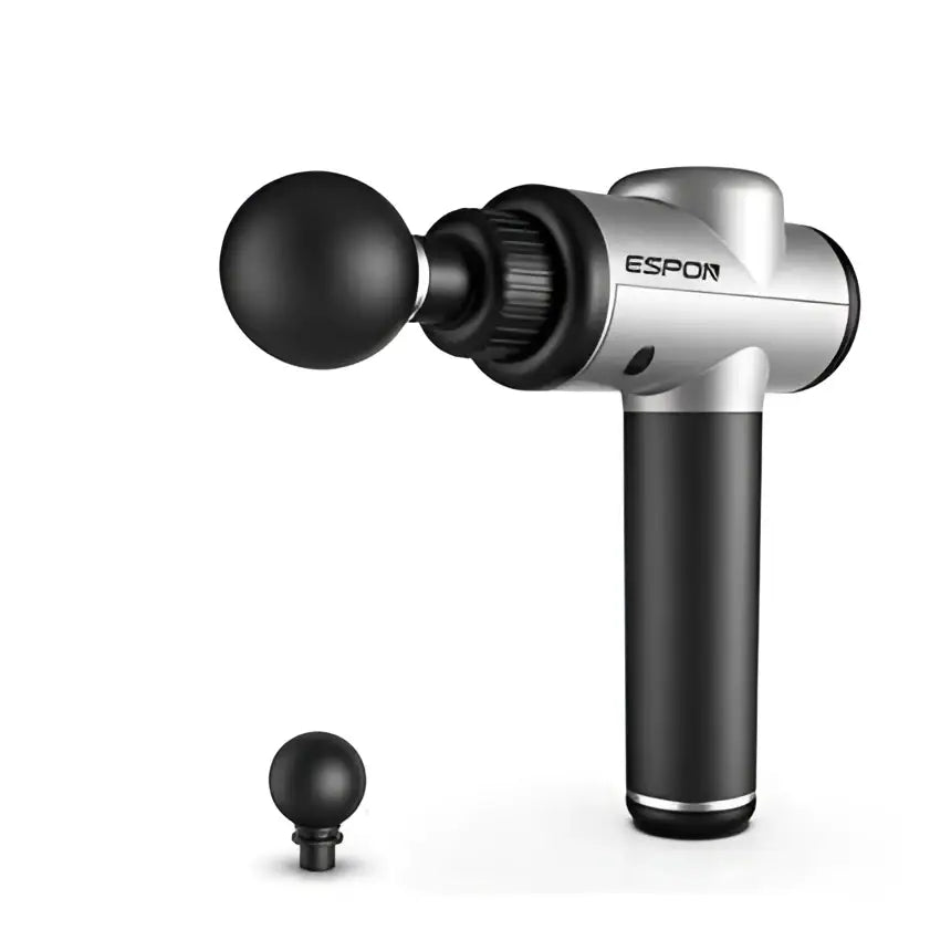 Silver and black espon deep vibration shock massage gun with multi-block adjustment and interchangeable massage heads