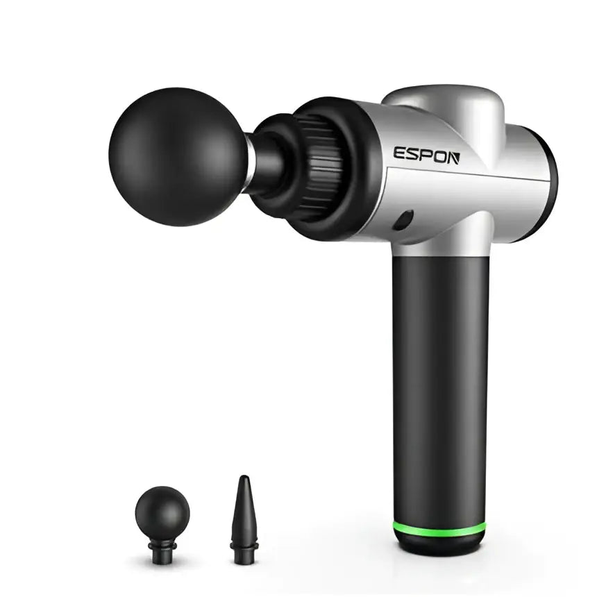 Silver and black espon deep vibration shock massage gun with multi-block adjustment and interchangeable massage heads