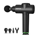 Black Deep Vibration Shock massage gun with green accent ring and interchangeable massage heads for multi-block adjustment