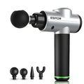 Silver and black epson deep vibration shock massage gun with multi-block adjustment and interchangeable massage heads