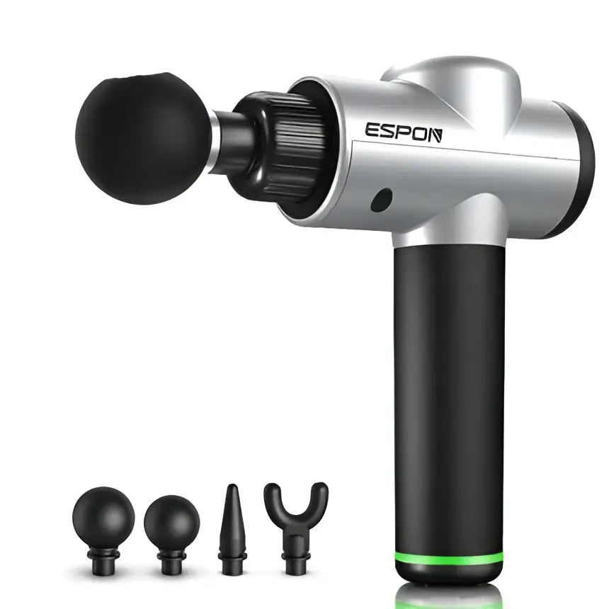 Silver and black epson deep vibration shock massage gun with multi-block adjustment and interchangeable massage heads