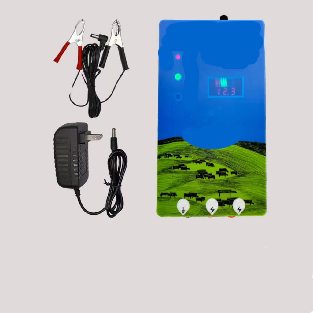 Blue rectangular pasture electronic host livestock electric fence charger with digital display showing battery level in a green pastoral scene highlighting electronic host high voltage functionality