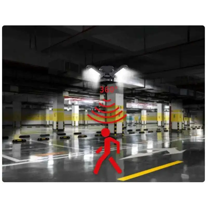 Black deformable lamp garage light with adjustable panels featuring two bright white lights and 360-degree scanning